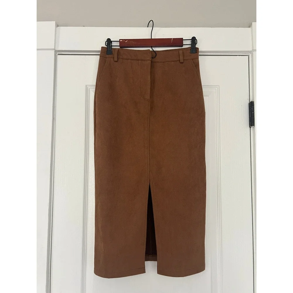 The Noli Front Slit Midi Skirt‎ Faux Suede Pencil Brown Size XS